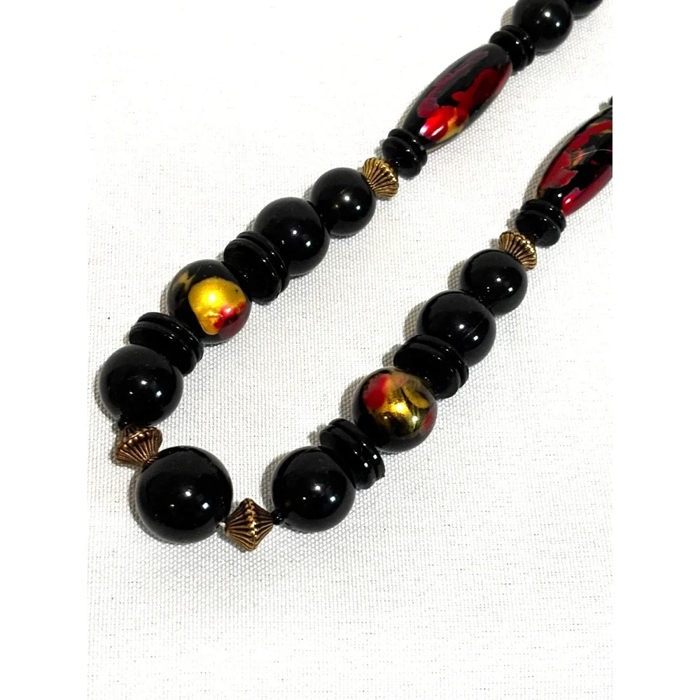 Black beaded necklace‎ hand painted flowers faux pearl Asian Travel 21” Classy
